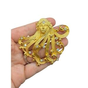Vintage JJ Jonette Art Nouveau Woman Flowing hair With Rhinestones Brooch Pin
